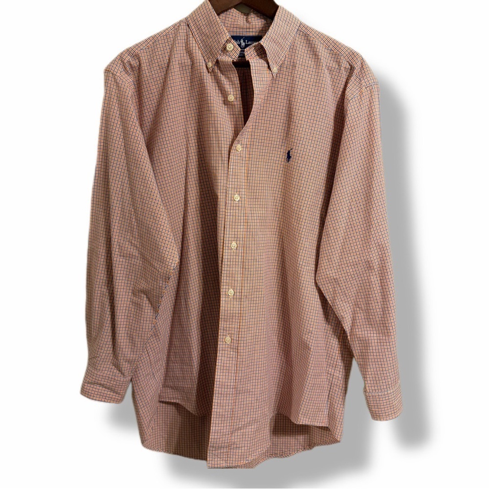 Ralph Lauren Classic Orange & Blue Yarmouth Check Button Down Shirt Men 16 32/33